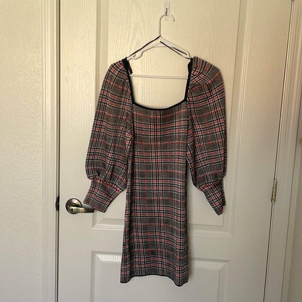 Zara Plaid Balloon Sleeve Sweater Dress